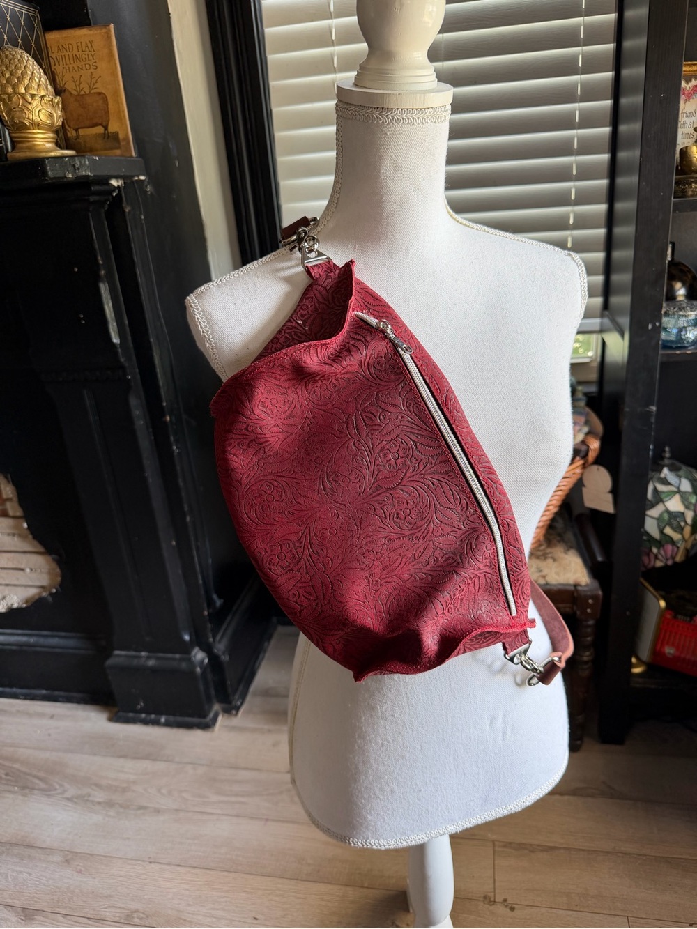 Embossed Red Crossbody Sling Bag with Front Zip